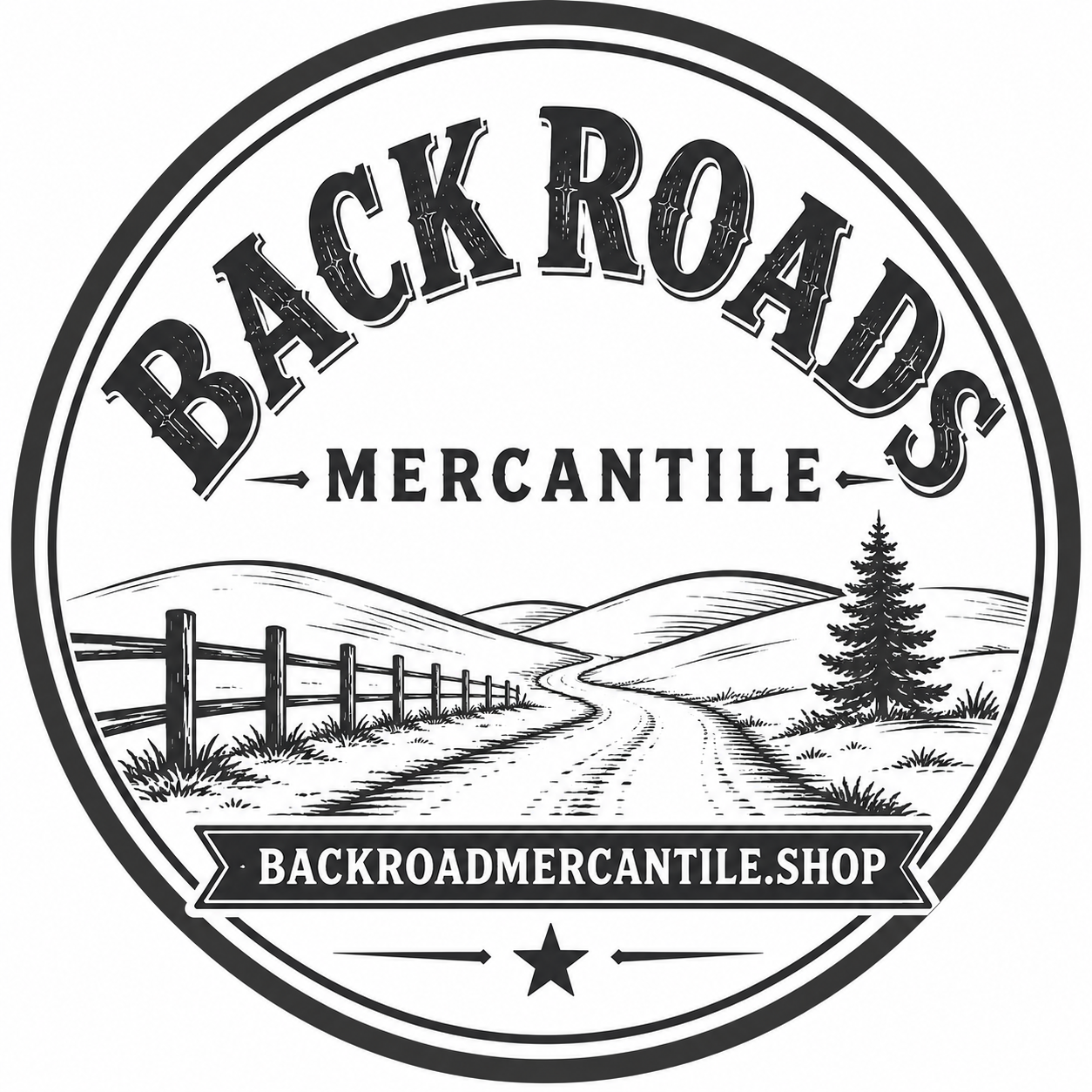 Round grayscale Back Roads Mercantile road emblem