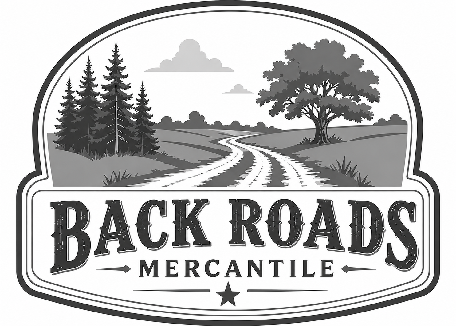 Simple grayscale Back Roads Mercantile logo
