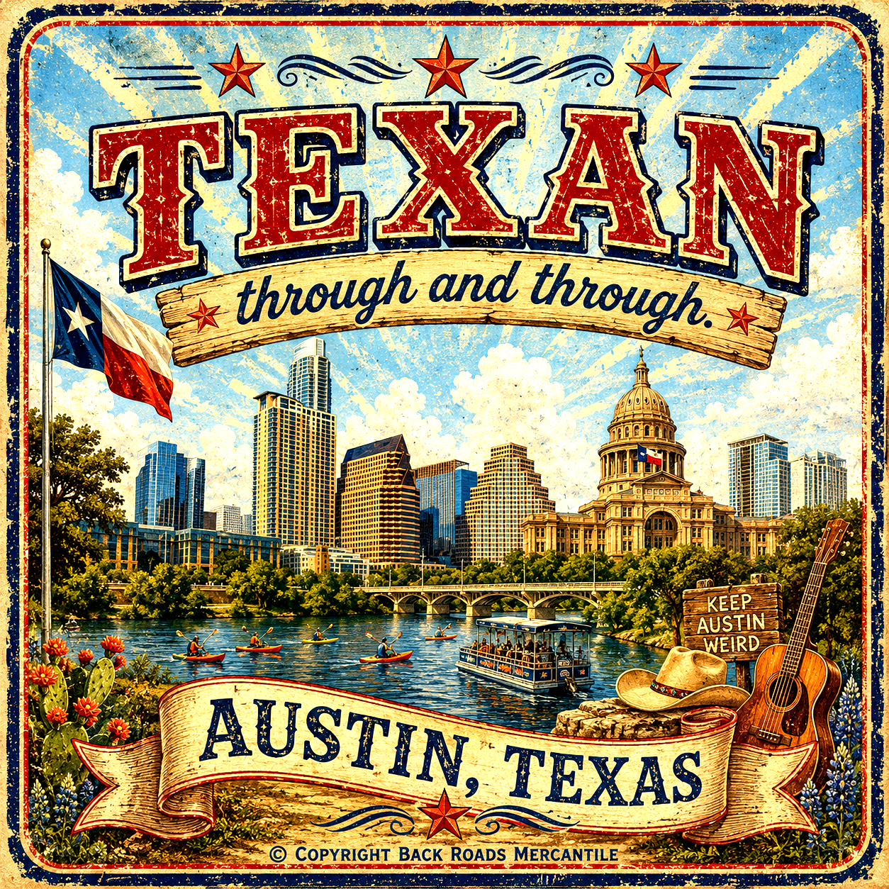 Colorful Austin Texas artwork from Back Roads Mercantile