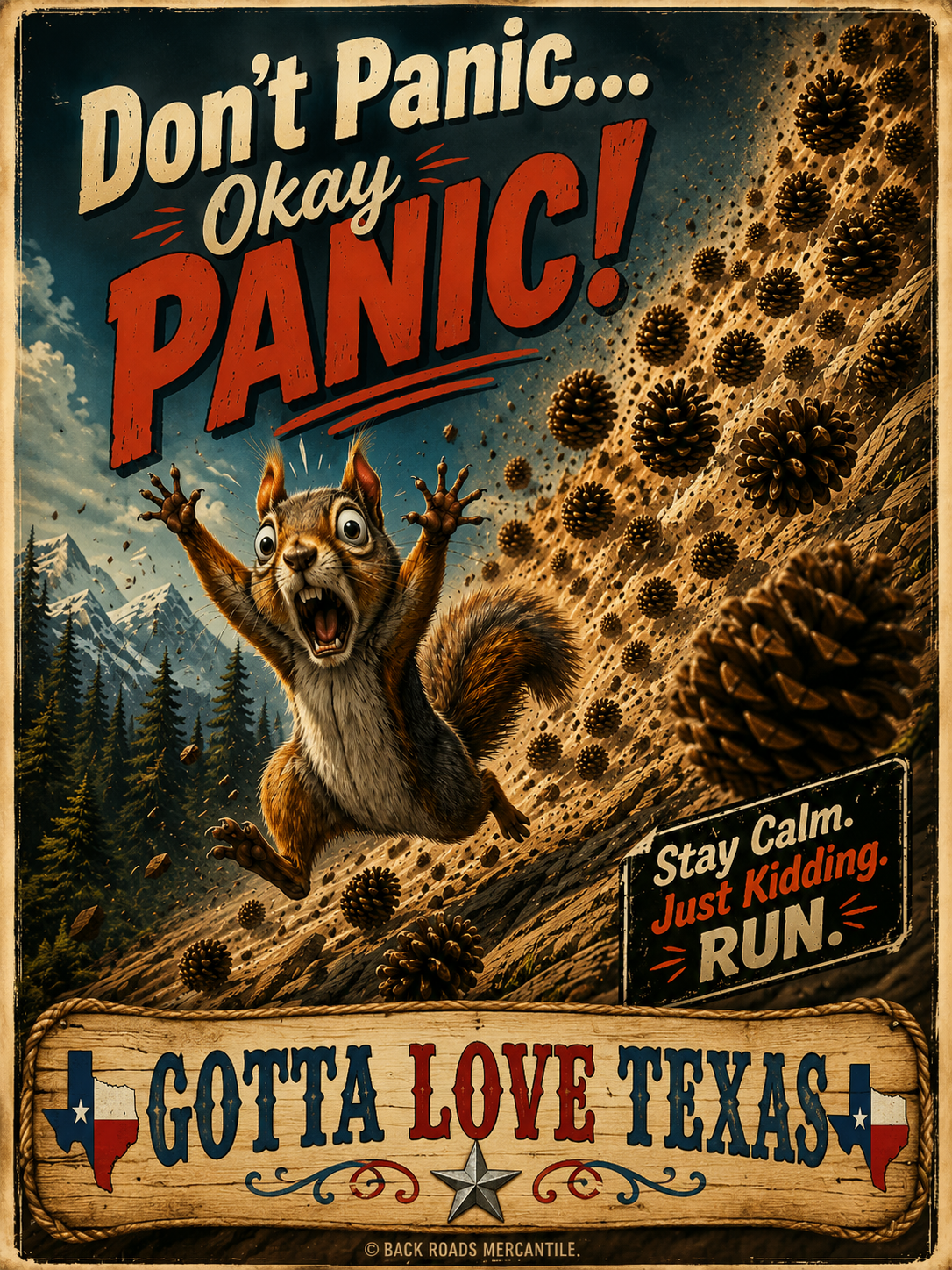 Panicked squirrel with pinecones