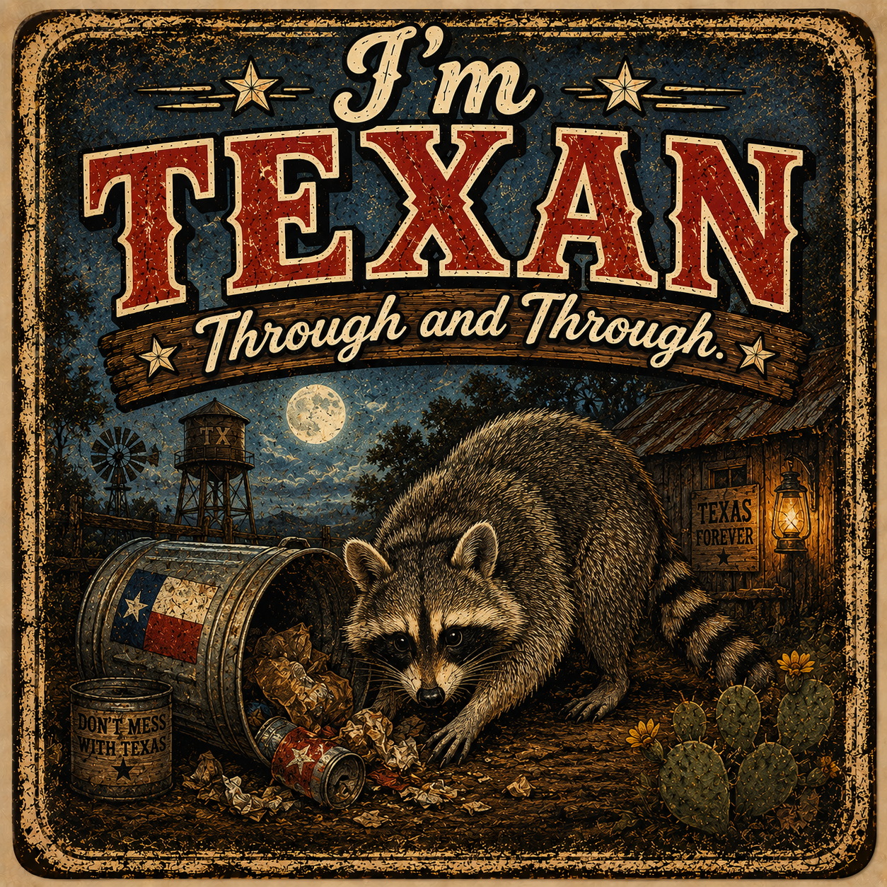 I'm Texan Through and Through raccoon artwork