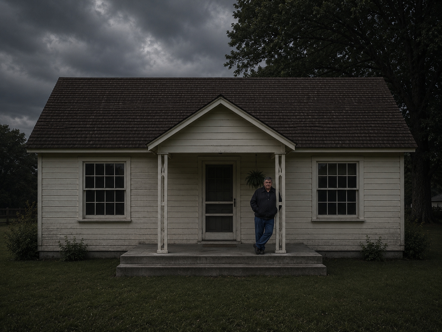 H. J. Ted Gresham standing on the porch of an old country house