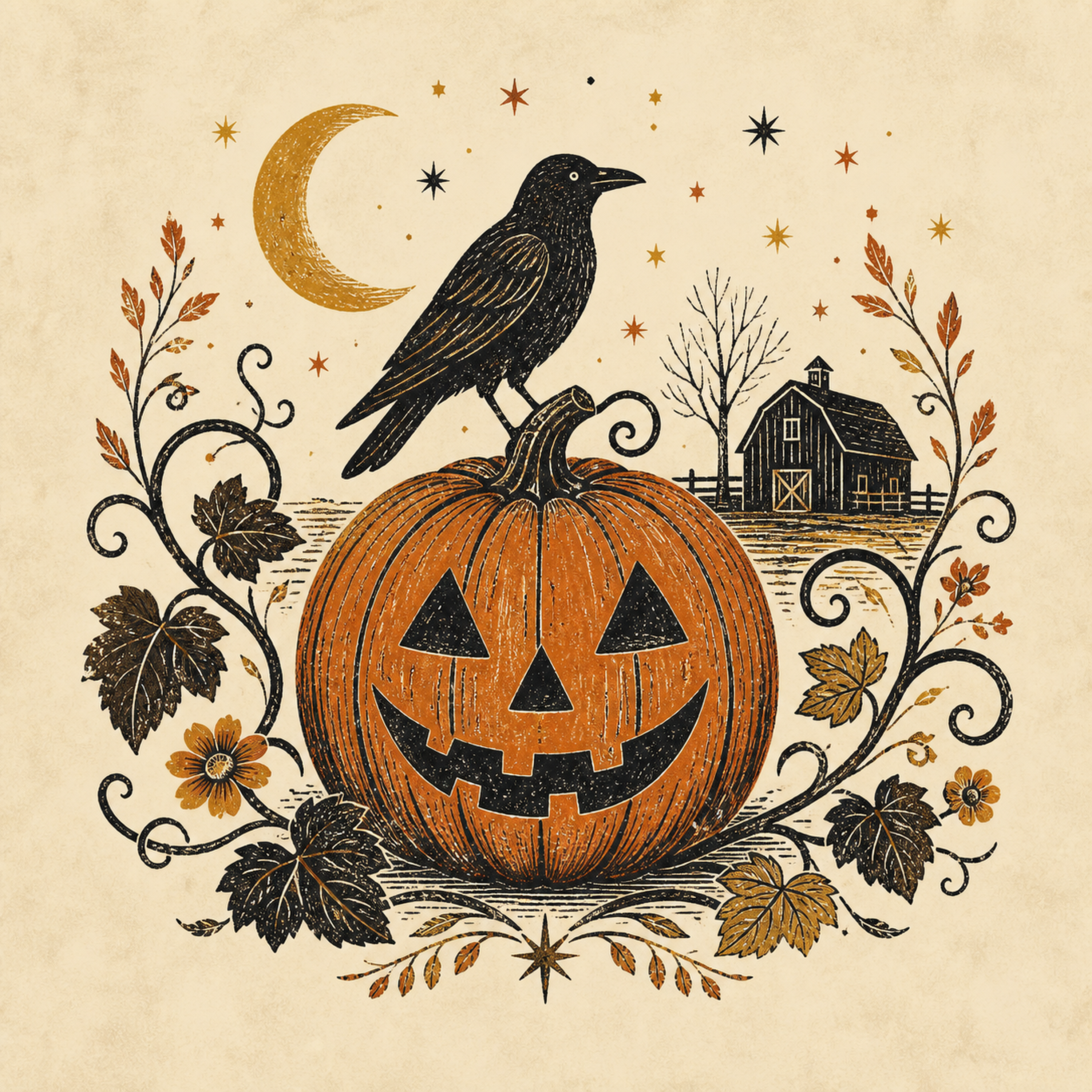 Rustic pumpkin and crow Halloween design