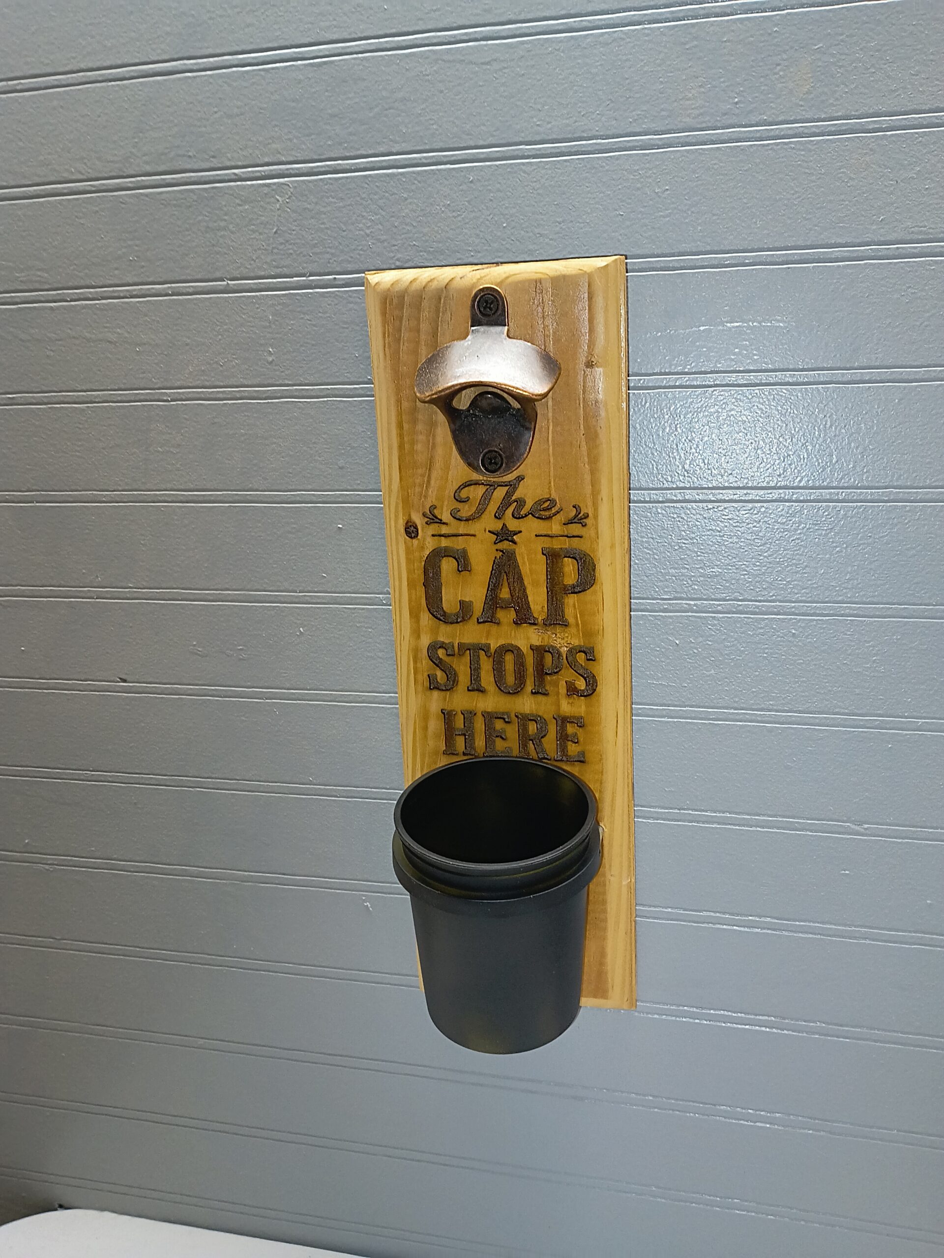 The Cap Stops Here wooden bottle opener fifteen dollar version