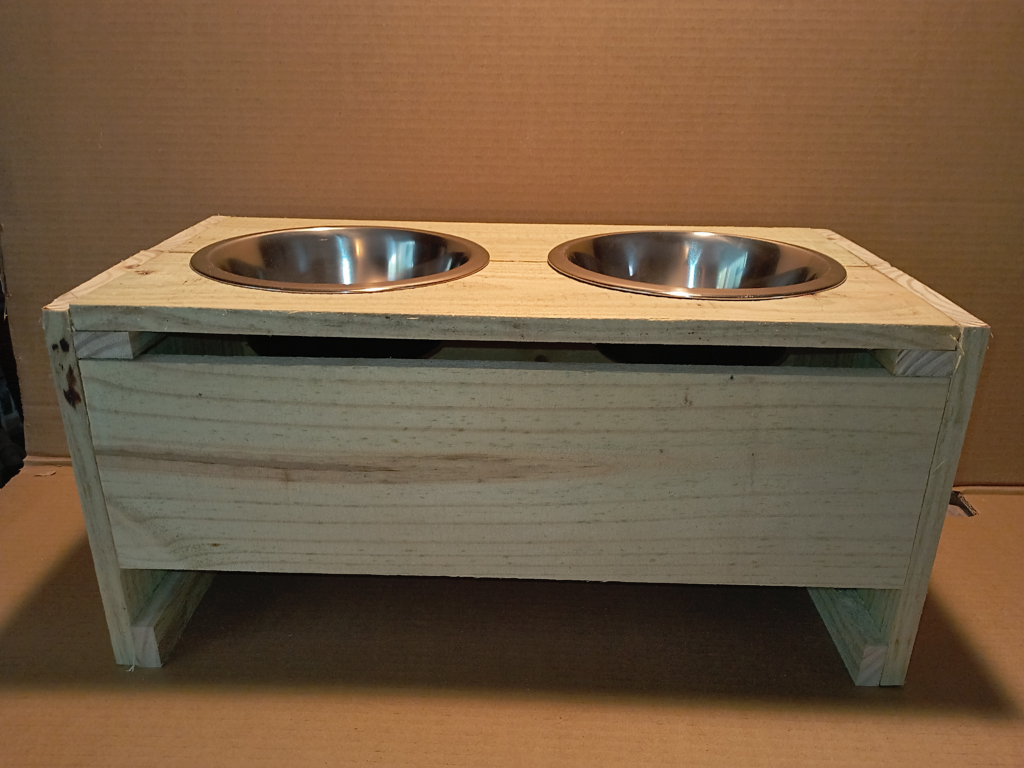 Handmade wooden dog bowl stand with two stainless steel bowls