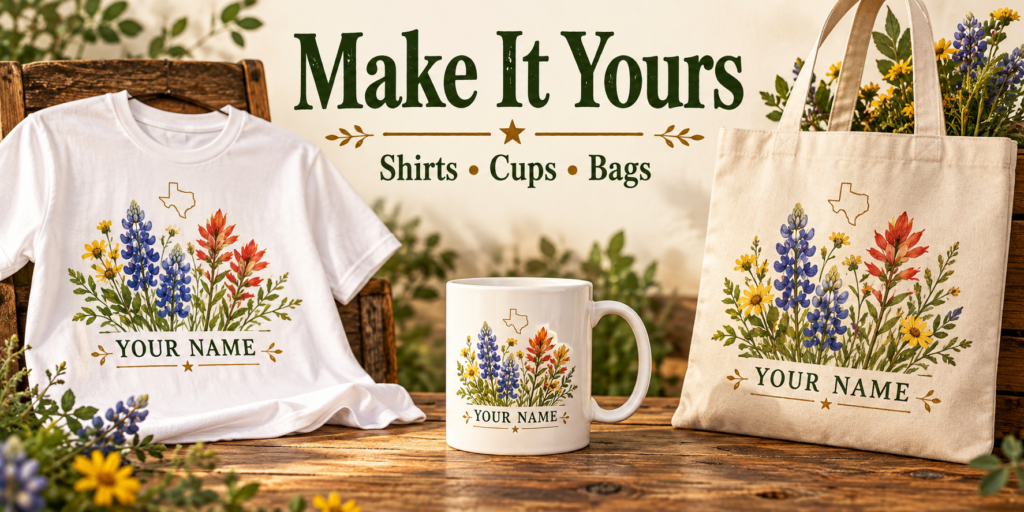 Make It Yours: personalized Texas wildflower shirt, cup and tote bag with your name