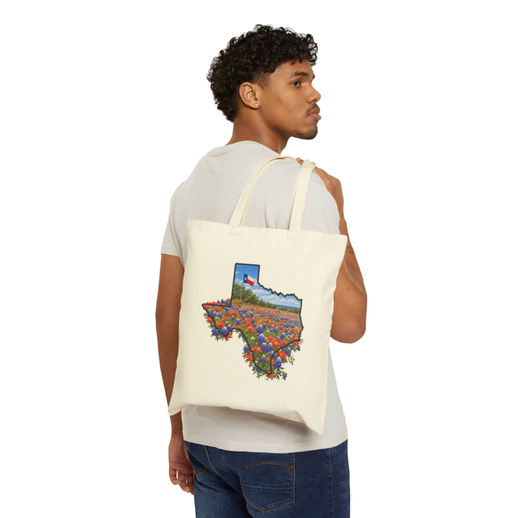 Texas flag and native flowers artwork on a handbag