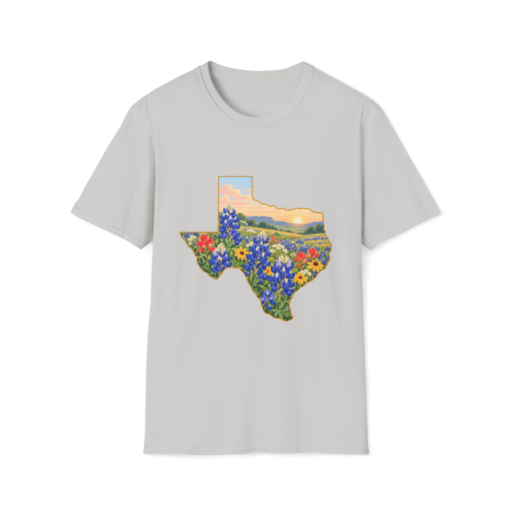 Beautiful Texas wildflower artwork on a T-shirt