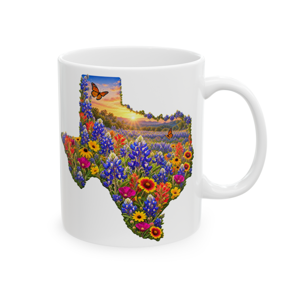 Butterflies and sunrise Texas artwork on a coffee mug