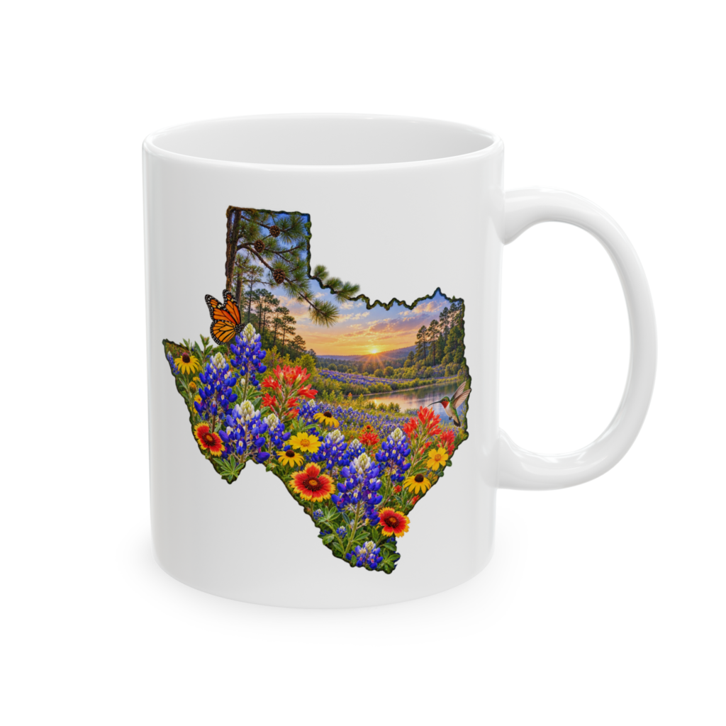 Butterflies, flowers and hummingbird artwork on a coffee mug