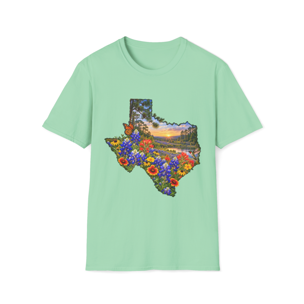 Butterflies, flowers and hummingbird artwork on a T-shirt