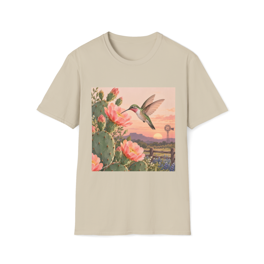 Hummingbird and Texas flowers artwork on a T-shirt