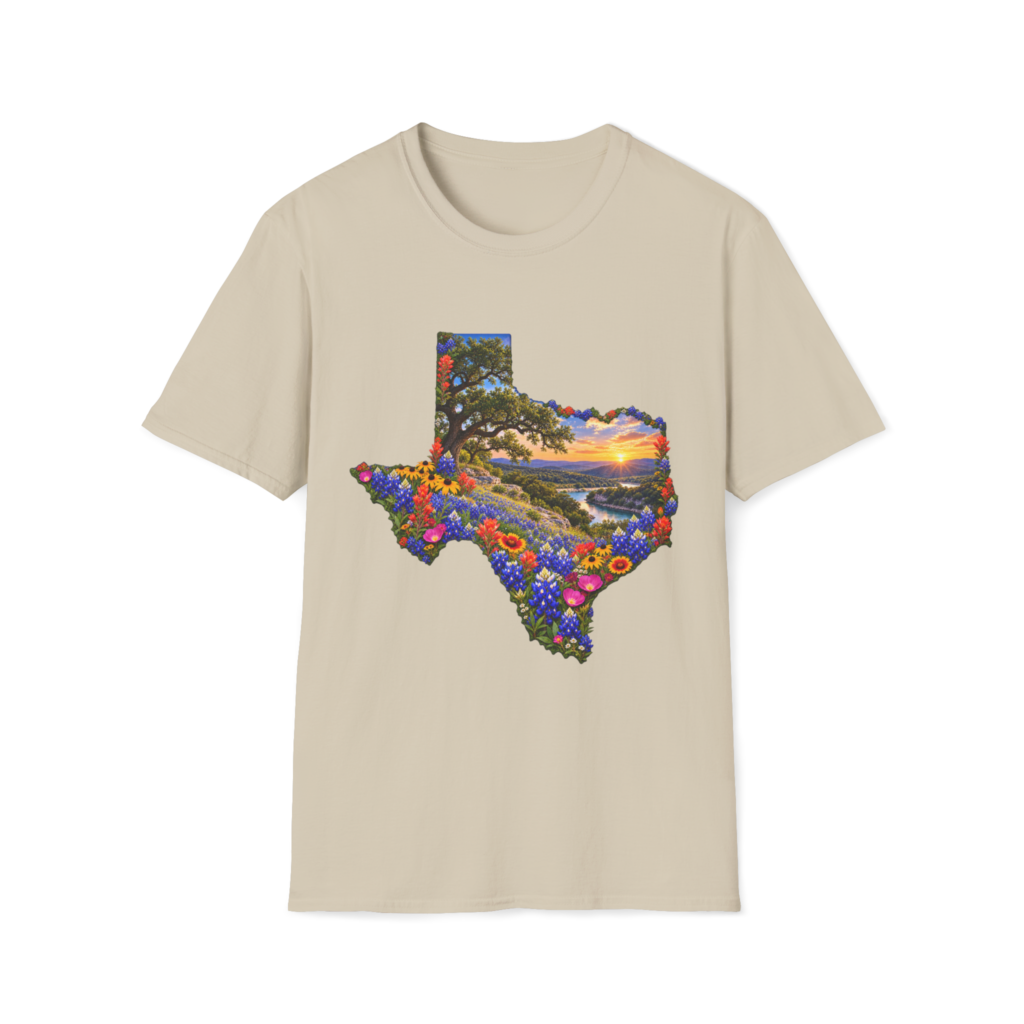 Lazy river sunrise and flowers artwork on a T-shirt